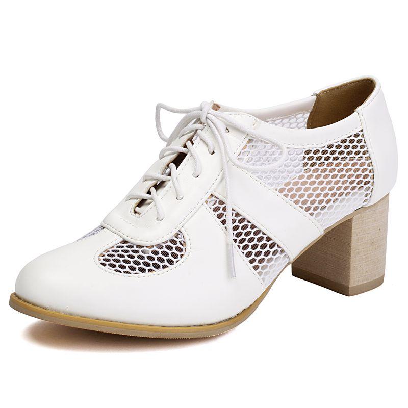 2025 Leisure Women Pumps Round Toe Block Heels 5.5cm Lace Up Breathable Mesh Mixed Big Size 41 42 43 Soft Daily Shoes