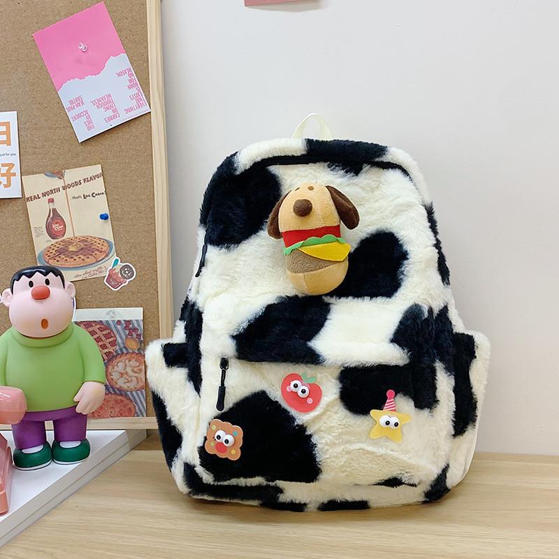 Apple Dog Burger Star Decoration Black And White Large Capacity Plush Backpack