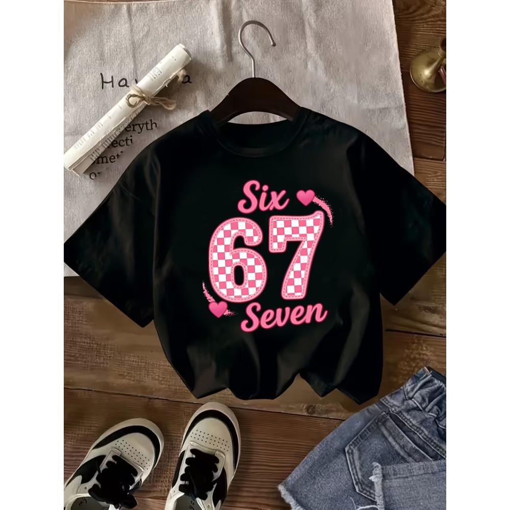 

Детская футболка № 67, Розовая в клетку с принтом Six Seven, Милая повседневная футболка с коротким рукавом и сердцем для детей 110