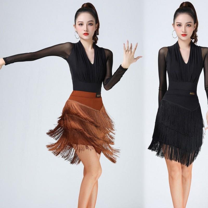 Womens Latin Dance Skirt With Fringe Layers Sequin Mesh Performance Wear Stage Ballroom Dancing