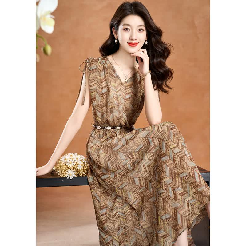 Kebell French Elegant V-Neck Printed Maxi Dress M