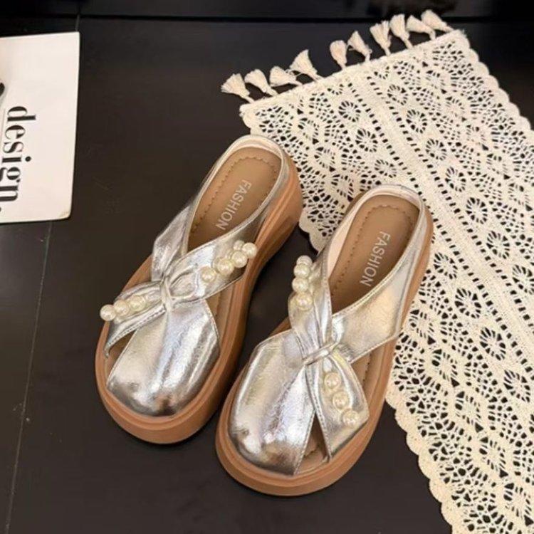 Baotou Slippers Women's 2025 New Summer Pearl Fashion Thick Bottom Heightening Design Sense One Pedal Lazy Cool Slippers