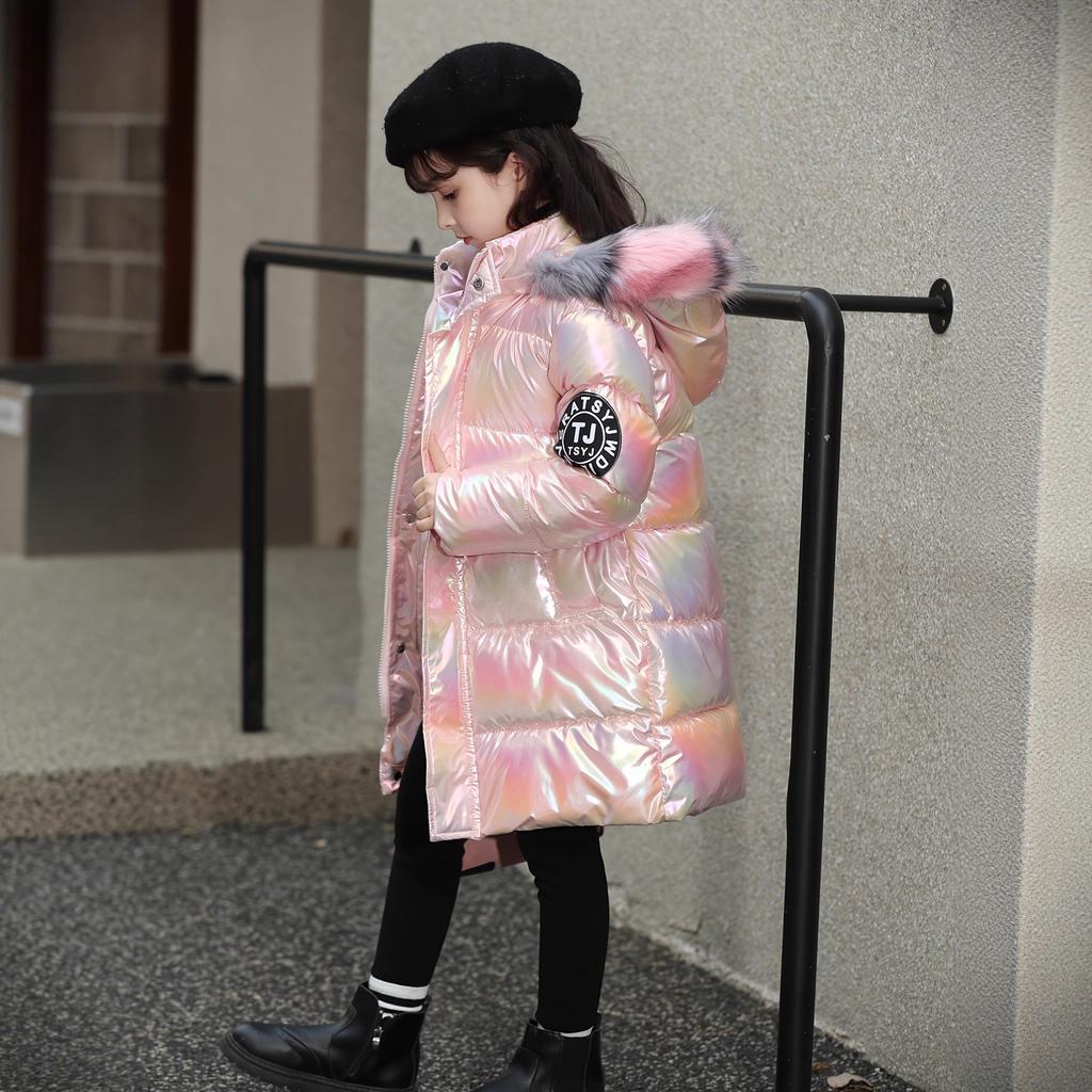 Girls' winter cotton-padded clothes, thickened cotton-padded warm colorful hooded down cotton-padded clothes, children's leave-in long cold-proof 