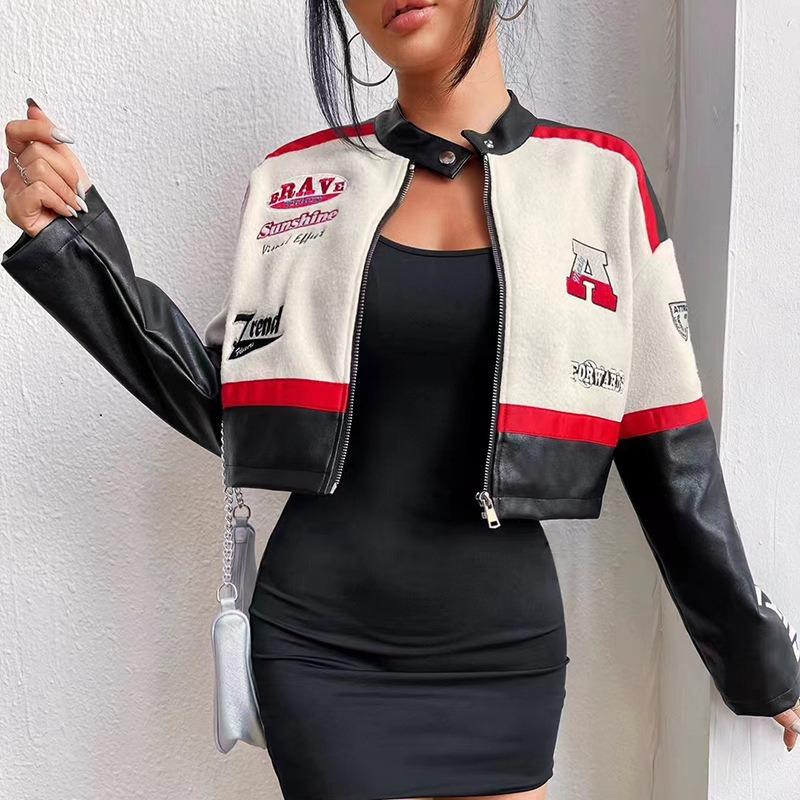 Cool tjejig nationell mode Amerikansk retro motorcykeljacka kort jacka för kvinnor ny pu-läder sömnad broderad jacka
