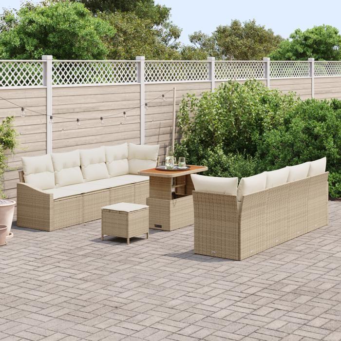 Ensemble de canapés de jardin de 11 pièces avec coussins Beige Poly Rotin Acacia, Canapé de jardin 2 places avec rangement 3364581