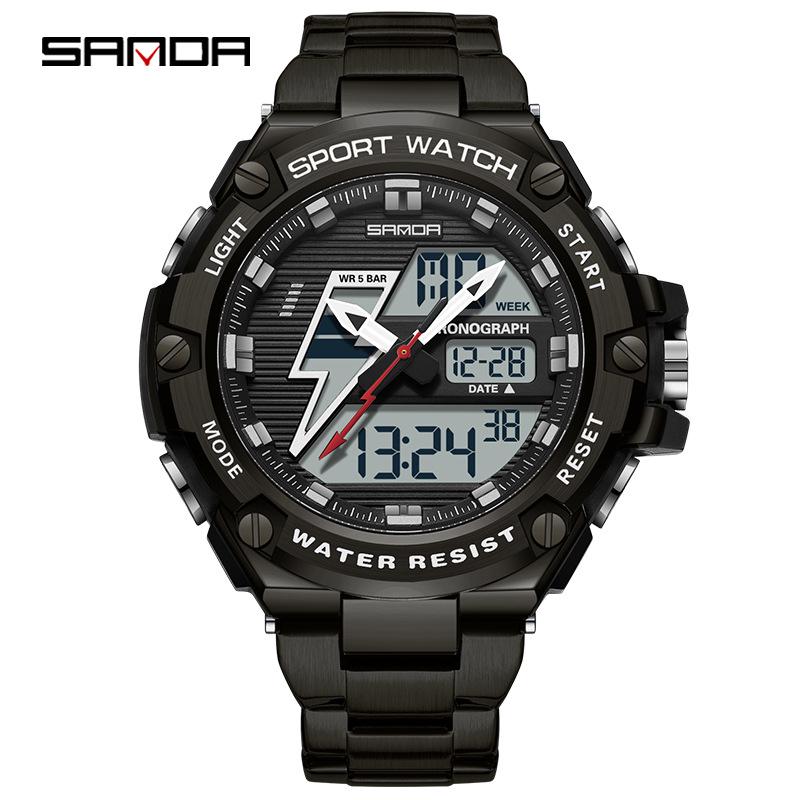 Sanda Men's Multifunctional Shockproof Waterproof Sport Watch with Alarm Clock and Black Technology.