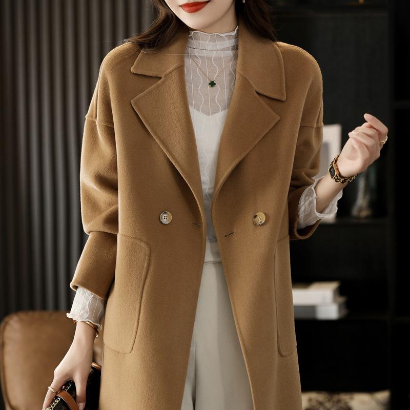 

Двустороннее шерстяное пальто женское средней длины новое осенне-зимнее высококачественное свободное шерстяное пальто XL верблюд