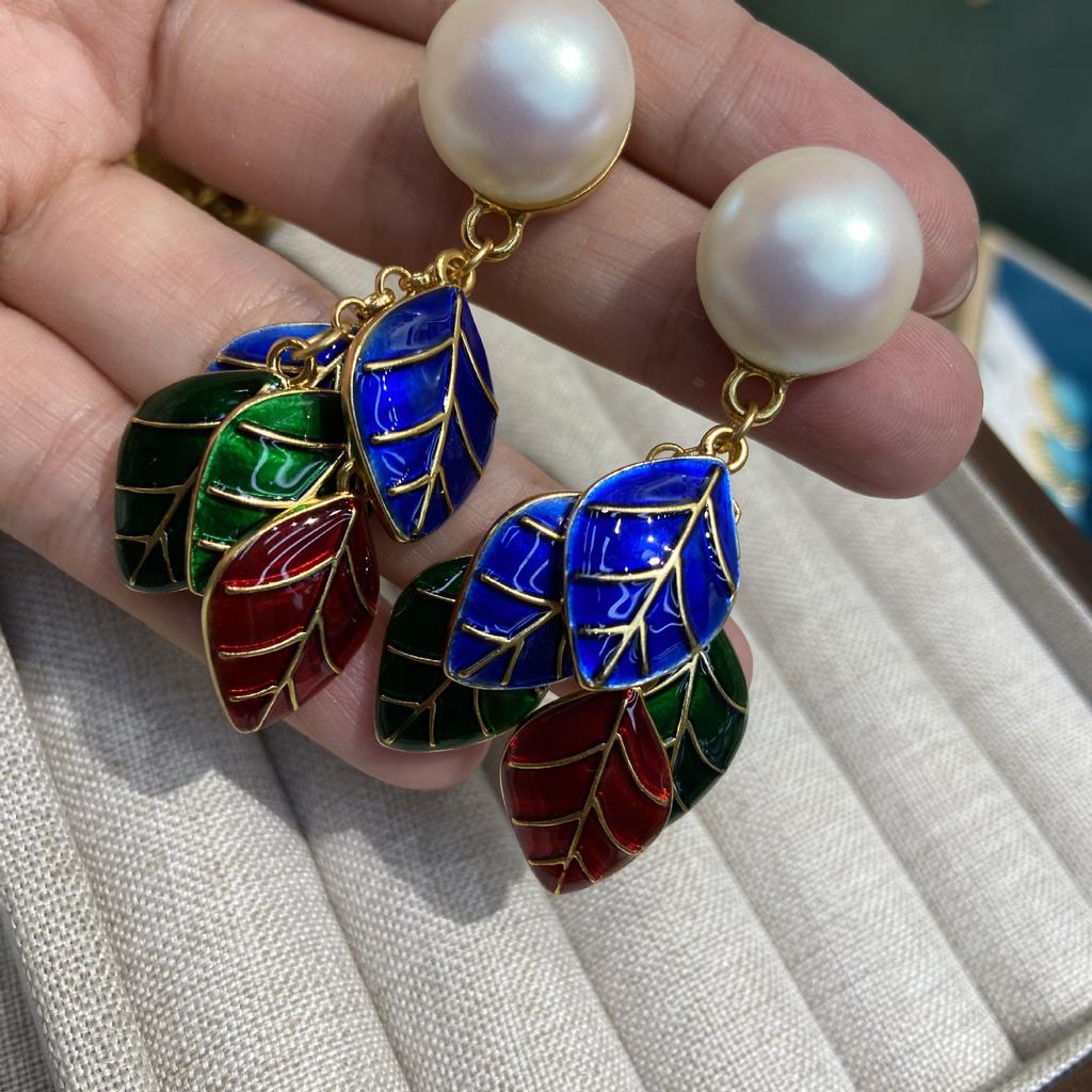 Vintage Court Style Enamel Dripping Oil Colored Leaf Stud Earrings Copper Gold-Plated Non-Fading Ear Jewelry