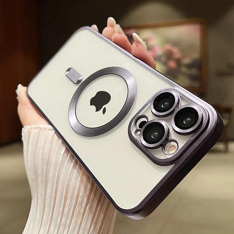 Shockproof Matte Plating Magnetic Clear Case For iPhone 15 14 13 12 11 Pro Max 15 Plus Silicone Wireless Charge Soft pink Cover