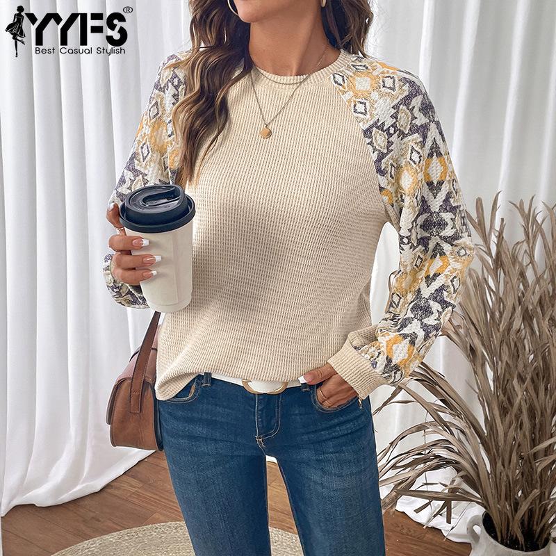 YYFS Women's Fashion Casual Spring Autumn Rhombus Print Long Sleeve O-Neck Blouses & Shirts