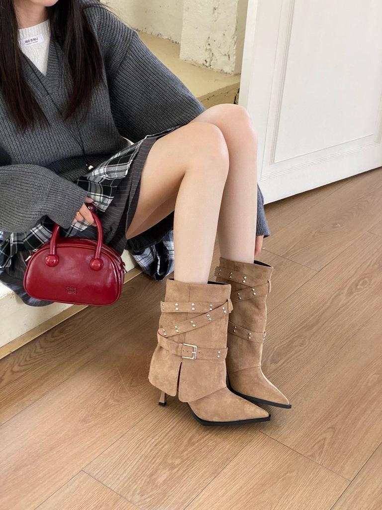 2025 New European and American Style Belt Buckle Wide Tube Pointed Head Thin Heel Thin High Heel Short Boots