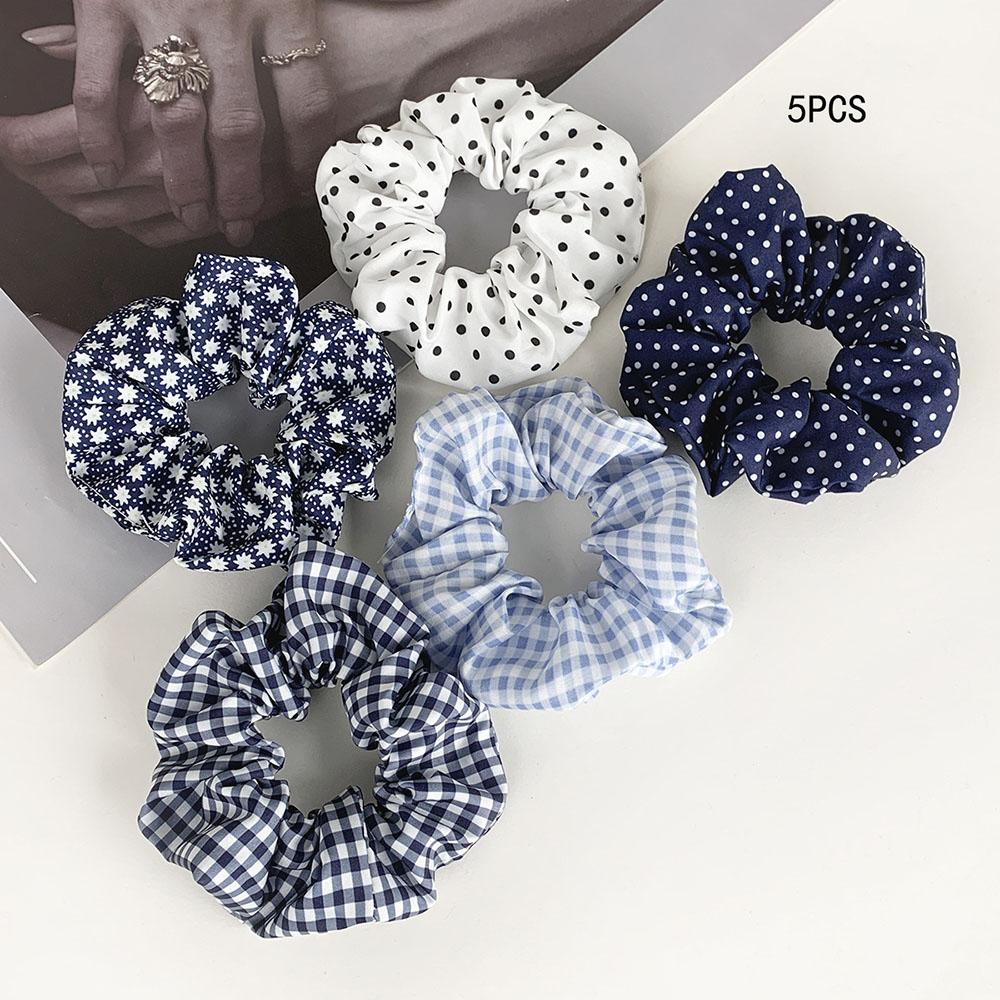 

5Pcs/set Polka Dot Print Scrunchie Floral Plaid Hair Rope Elastic Hair Ties Ponytail Hair Ring Hair Accessories For Women Girls темно-синий