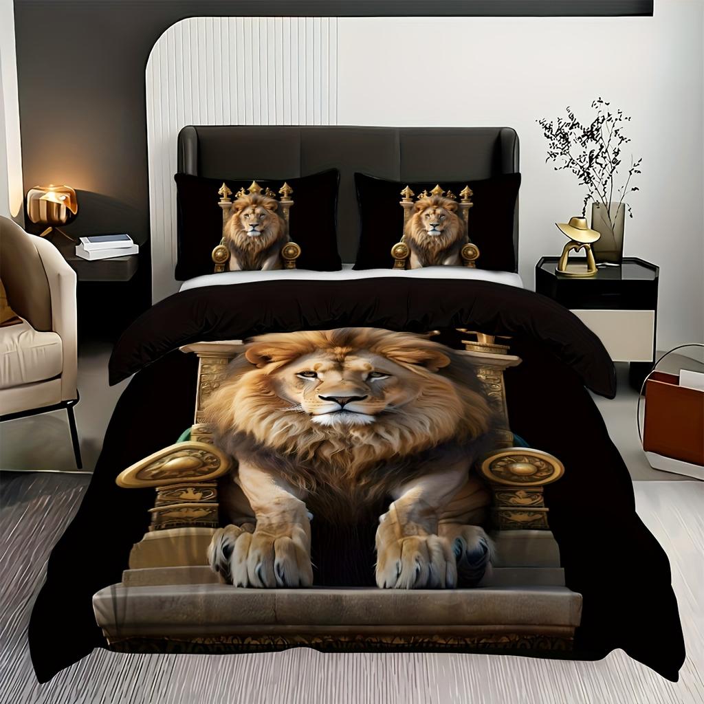 3Pcs Lion Bedding Set 3D Printed Single Queen Size Duvet Cover Set For Kids Adult Bedroom Home Decor Machine-Washable