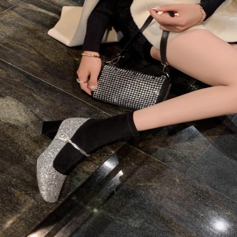 Fashion Women's Chunky Single Shoes Fall New Square Head Shallow Mouth Sequin Cloth One Line Buckle Soft Sole Non-slip Low Top Shoes