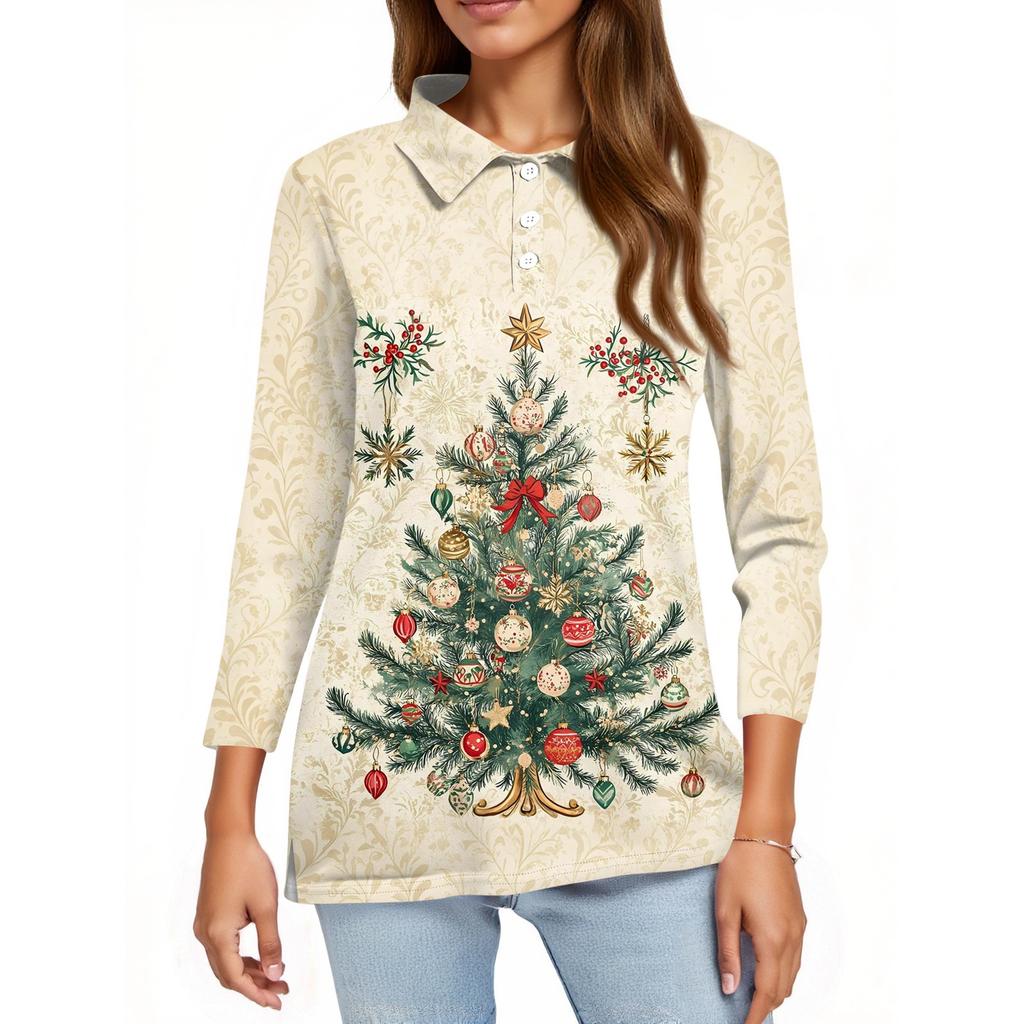 Mote dame casual revers kort 3/4 ermet juleprint skjorte dame knapp opp topper