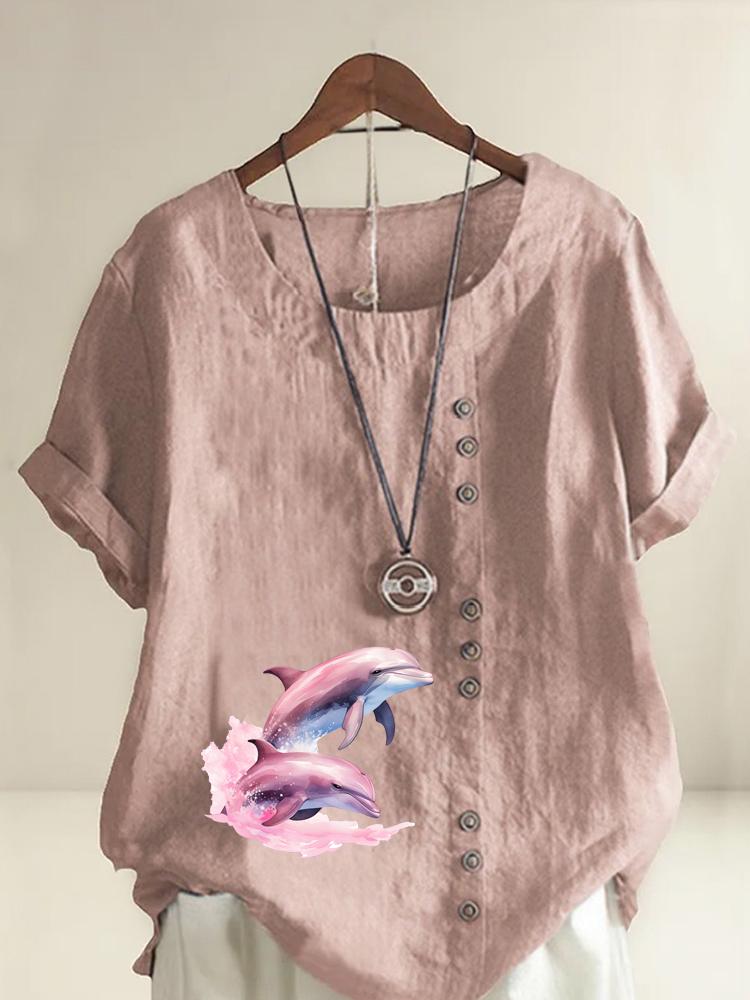 Women's Fashion Couple Dolphin Print Round Neck Short Sleeve T-shirt Summer Casual Cotton Linen Graphic Shirt Leisure Loose Blouse Tops