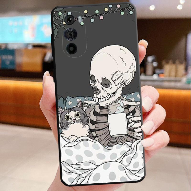 Phone Case For Motorola Edge 50 40 Pro 60 50 40 30 Ultra Neo Fusion Moto G85 G72 G53 G54 G84 G13 G32 Cartoon Skeleton Skull Cat