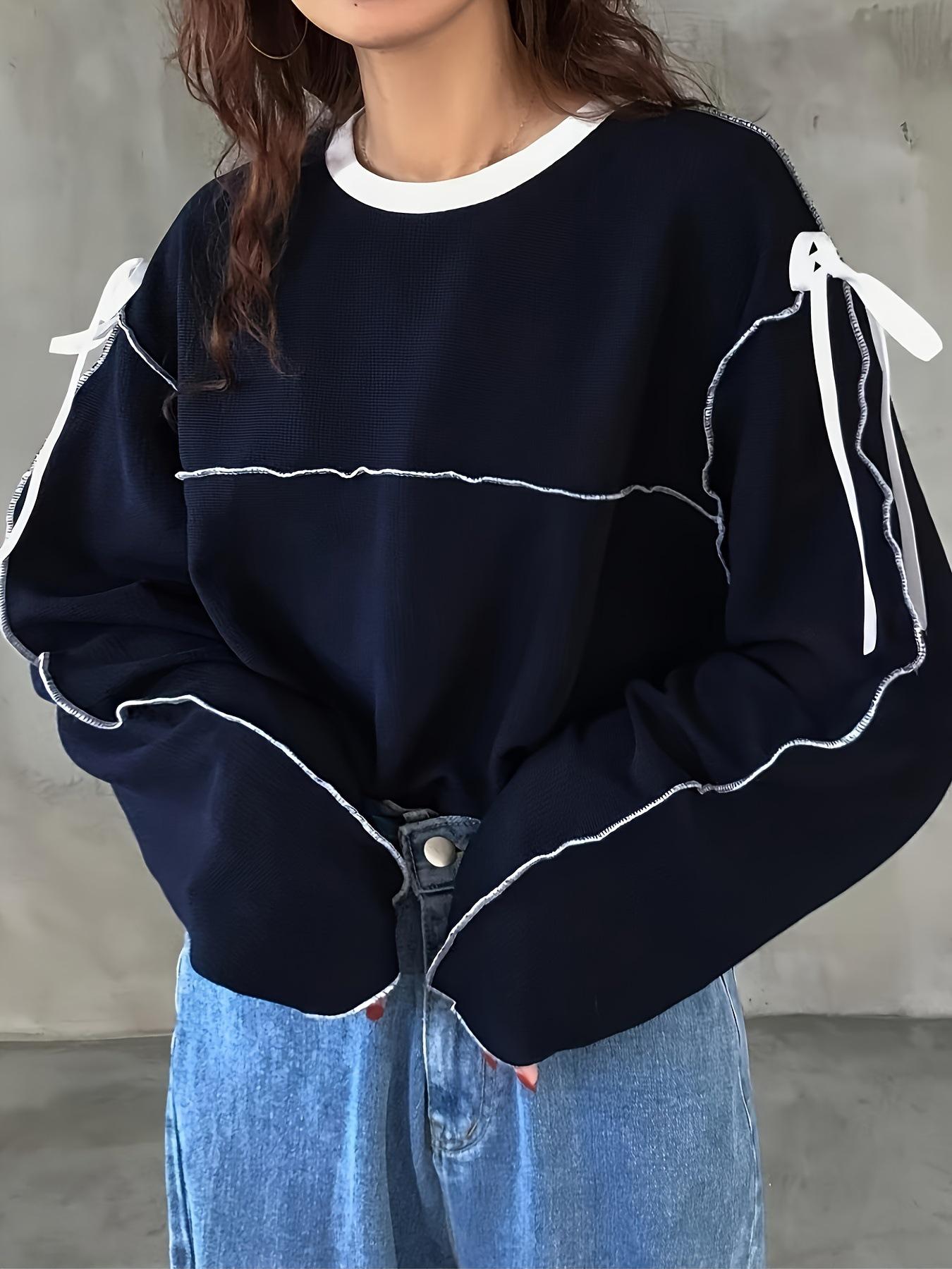 

Plus Size Women s Color Block Round Neck Top with Shoulder Ribbon Long Sleeves 1XL темно-синього кольору