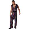 Retro 1920s Disco Outfit for Men M-3XL Metallic Shiny Plaid V Neck Lapel Sleeveless Wide Leg Jumpsuit for Club Rave Stage