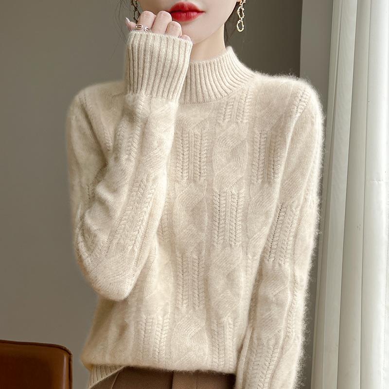 Autumn and Winter Thickened Hemp Cardigan Sweater for Women Trendy Versatile Half Turtleneck Cashmere Knitted Base Sweater S