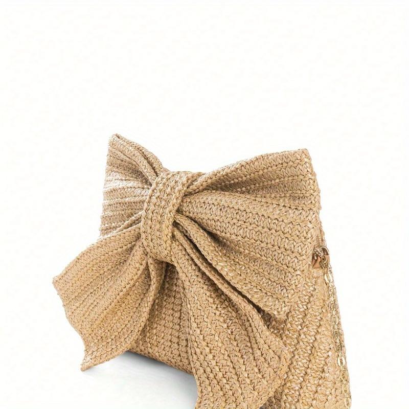 Vacation Style Lady Woven Bag with Large Bowknot Design, Multi-Functional for Handheld, Shoulder, Crossbody, Metal Chain Detachable Valentines