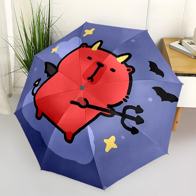 

1pc Devil Capybara Automatic Umbrella - Stylish, Durable, with 8-Rib Manual Open Design, Elegant Black Handleyy250920142