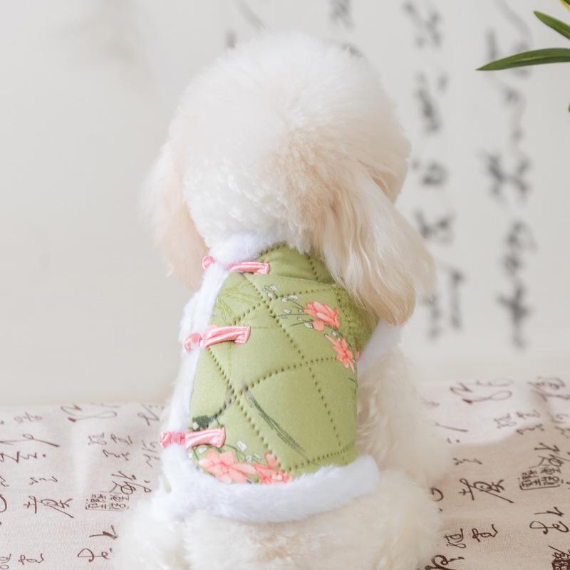Pet clothes floral national style disc buckle teddy than bear small dog velvet autumn and winter warm dog cotton coat vest