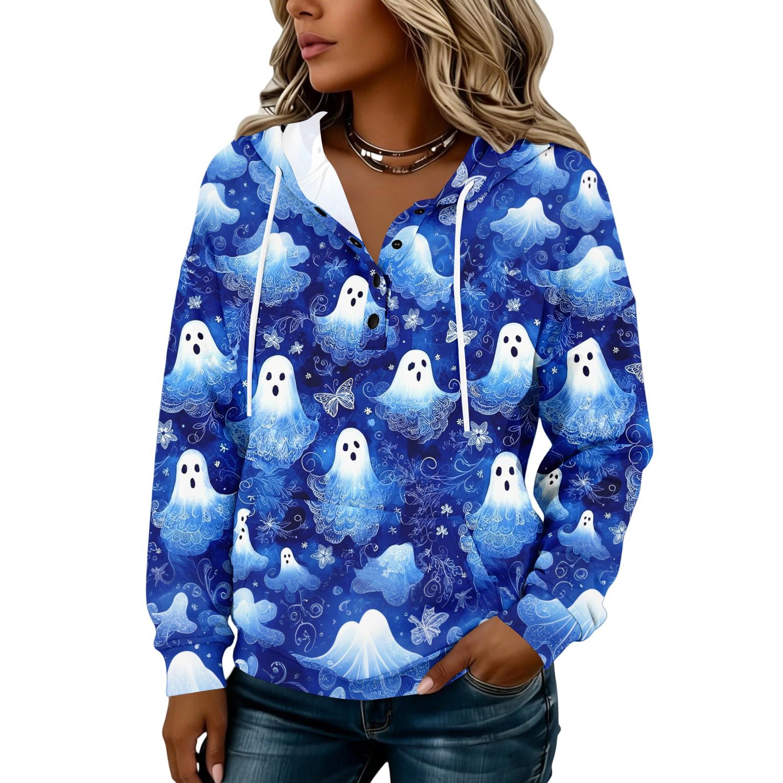 Women s Fashion Hooded Button Front Halloween Print Sweatshirt M