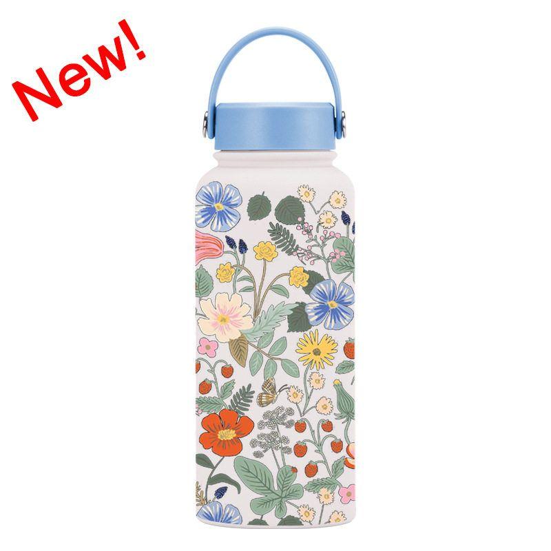 2025 New Model 1L Large Capacity Thermos Cup with Wide Mouth, Portable Handle, Sports Water Bottle, Outdoor Printed Water Cup for Women
