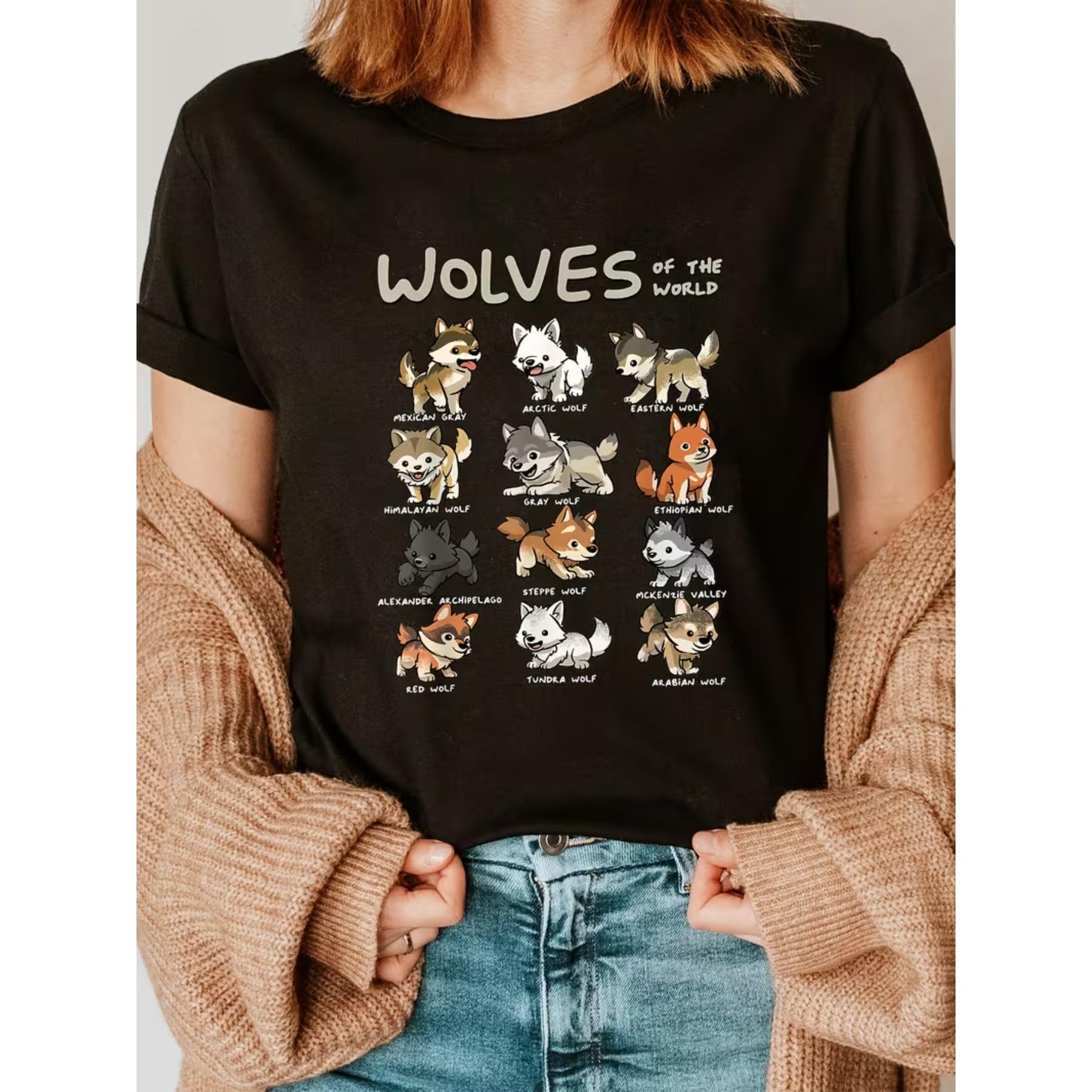 Nimal Love Wolf Fashion Letter Print T-Shirt, Short Sleeve Crew Neck Casual Top for Summer & Spring S чёрный