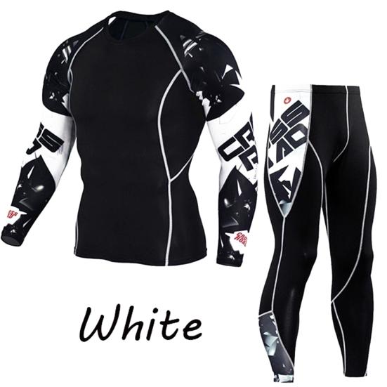 2Pcs/Set Men Printed Tracksuit Compression Shirt Pants Workout Rashguard Tights