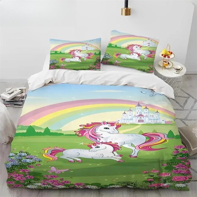 Unicorn Cute Cartoon Comforter Bedding Set,Duvet Cover Bed Set Quilt Cover Pillowcase,Queen Bedding Set For Child Boy Girl Gift