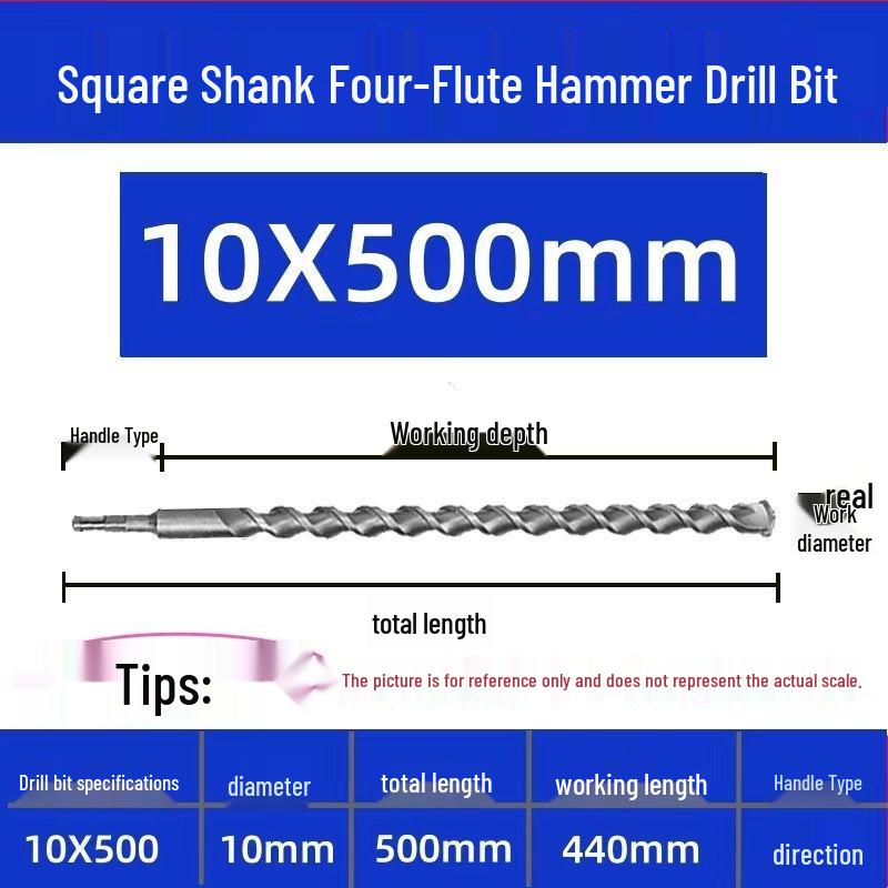 Extended Electric Hammer Drill Bit, Square & Round Shank, for Concrete Piercing - Available in 500mm to 2m Lengths