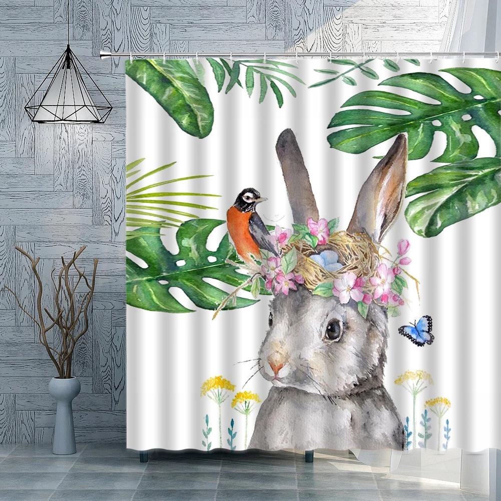 Funny Bunny Easter Shower Curtain Rabbit Colorful Egg Flower Wood Striped Backdrop Bathroom Decor Washable Fabric Hooks Curtains