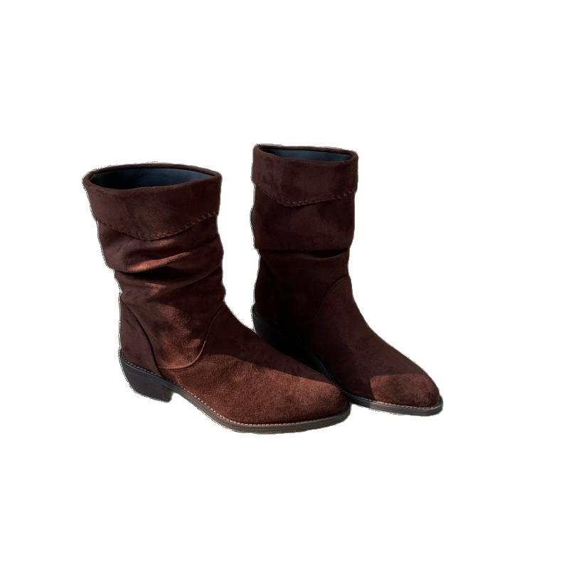 Coarse Heel Suede Pile Boots Medium Boots Martin Boots Women's Boots 2025 Autumn/Winter Coffee Color Maillard Skinny Boots Short Boots