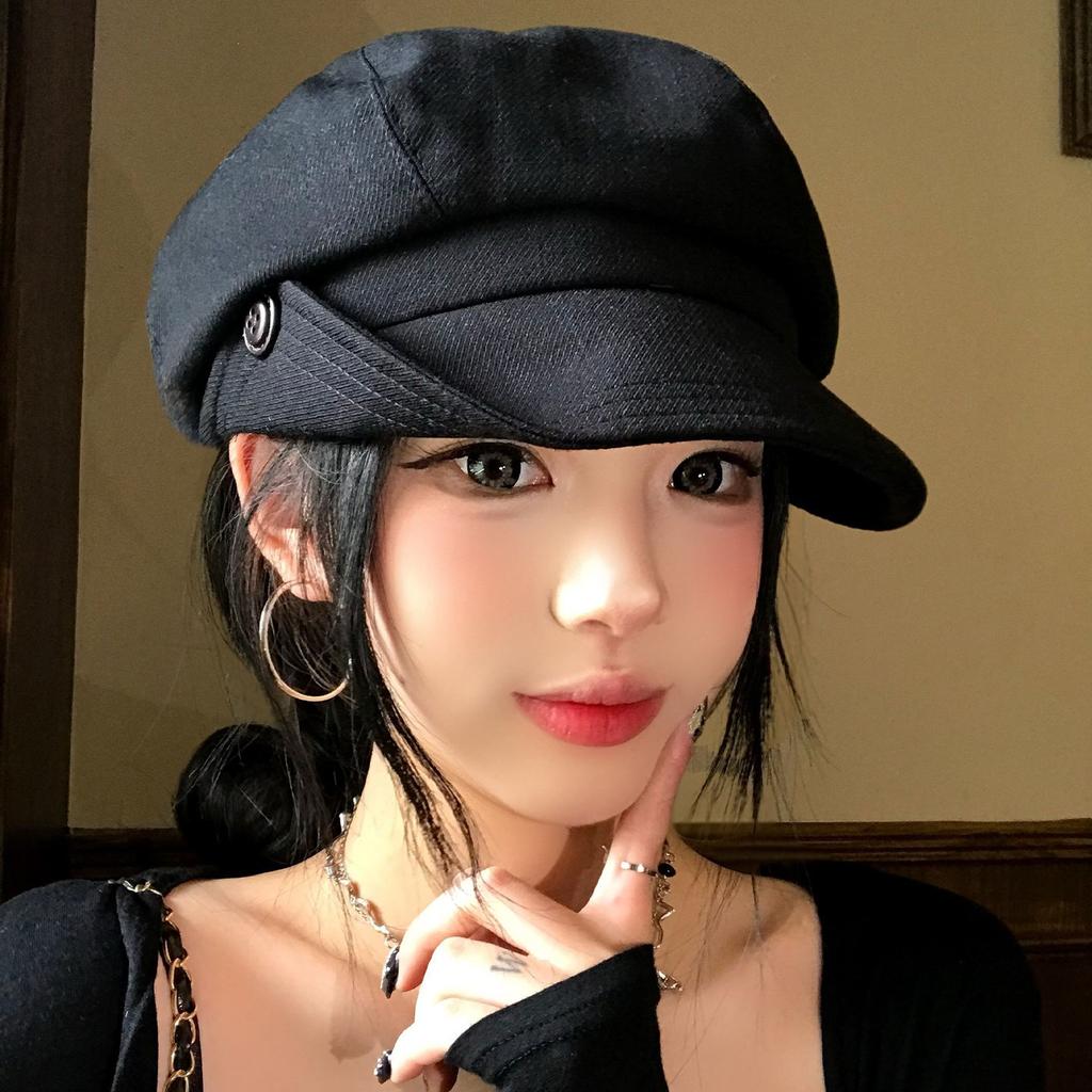 Vintage Curled Button Octagonal Beret Women'S High Sense Fashion Literary Newsboy Hat Painter Hat Show Face Small Hat