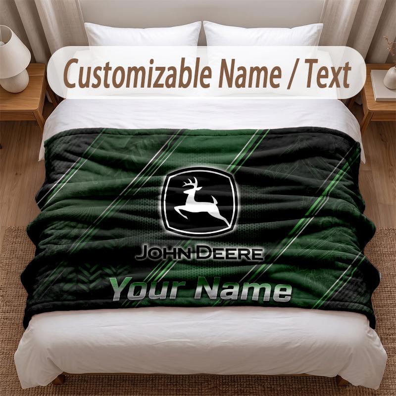 John Deere Printed Flannel Blanket Custom Name Text Soft Warm Throw For Bedroom Holiday Gift