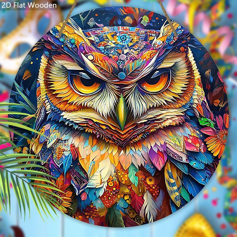 2D flat wooden hanging decorative signs, home wall or door decoration, garden decoration, the pattern is a colorful owl, housewarming gift for friends