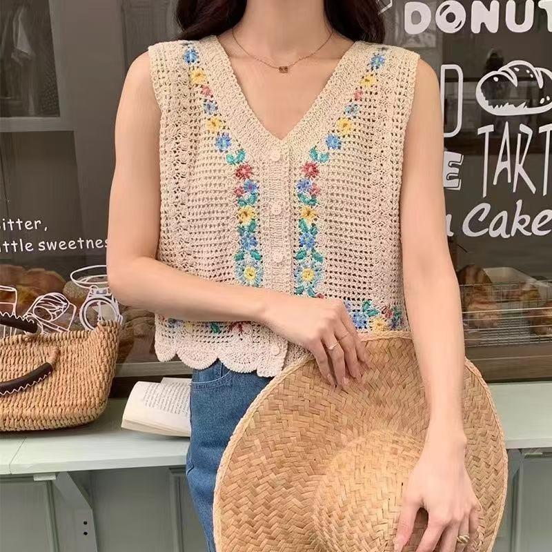 Floral Embroidery Women's Vest Hollow Crochet Sleeveless Ladies Knitted Sweater Stacking Woman Autumn Trendy Casual Tops