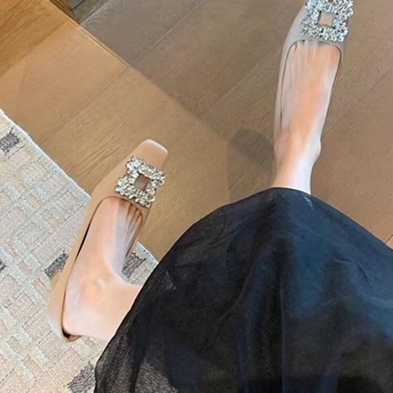 Fashion Spring New Square Heels for Women Fashion Square Head Shallow Mouth Crystal Buckle Anti-slip Wear-resistant Single Shoes