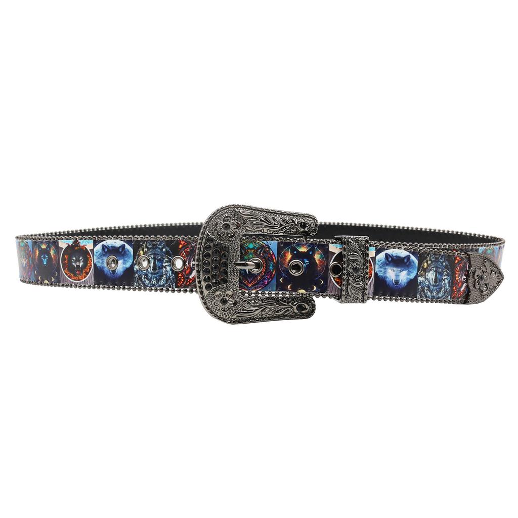 Original Design Animal Rhinestone Print Belt, Hip Hop Punk Personality Full Of Pu Leather Belt