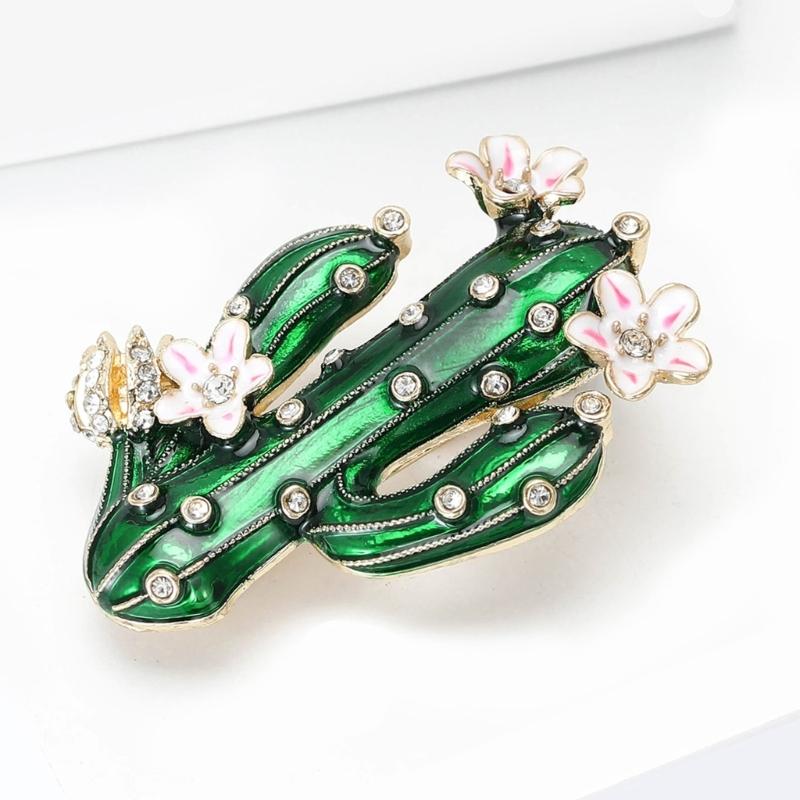Elegant Cactus Shaped Enamel Brooch Pin Adorned with Rhinestones for Unisex Casual Fashion Accessory