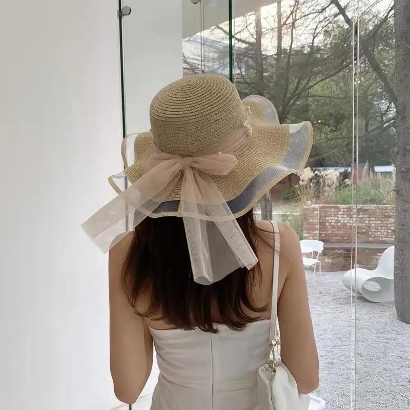 New Foldable Wide-brimmed Girl Straw Pearl Sun Hat Beach Wave Hat UV Protection Travel Hat Lady Beach Hat Birthday Gift