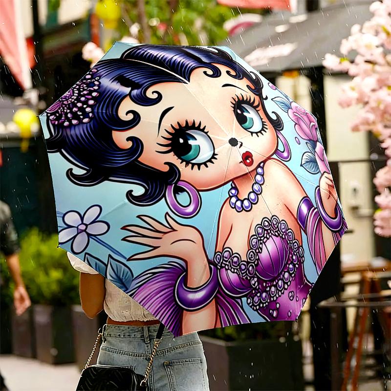 1pc Sturdy 8-Bone Auto Umbrella, Betty Boop Umbrella, Digital Printed, Foldable Umbrella for On-the-Go Outdoor Use