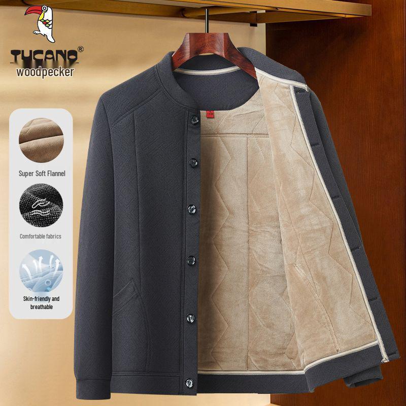 Woodpecker Men's Winter Velvet-Lined Cotton Jacket for Middle-Aged and Elderly