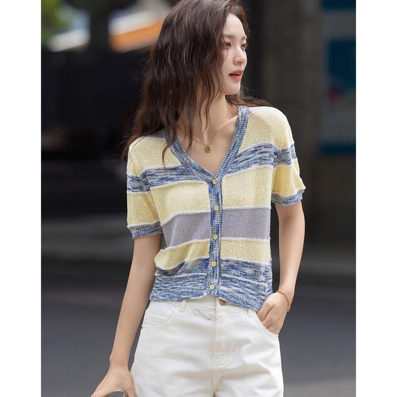 Demana Damen Sommer Petite V-Ausschnitt Color-Block Strick-Cardigan