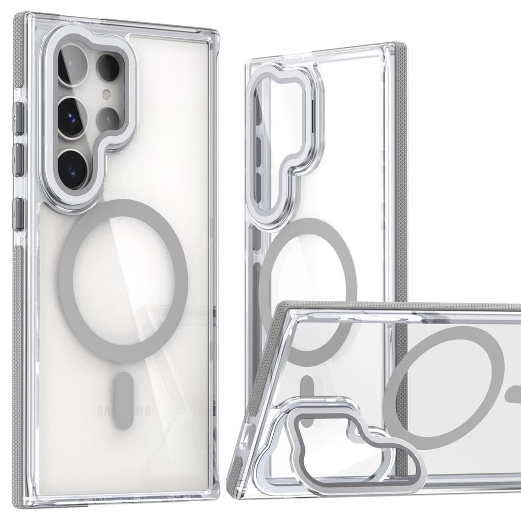 For Samsung Galaxy S24 Ultra Magnetic Case TPU Acrylic Clear Phone Back Cover with Lens Protector Kickstand