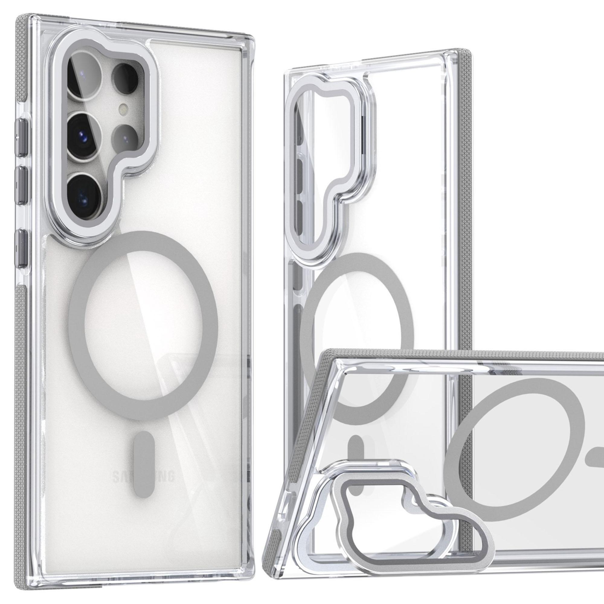 

For Samsung Galaxy S25 Ultra Magnetic Case TPU Acrylic Clear Phone Back Cover with Lens Protector Kickstand Grey