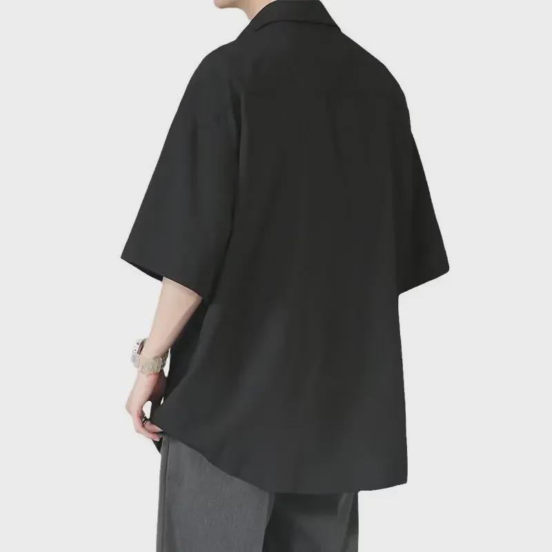 Pánské černé tričko s krátkým rukávem z ledového hedvábí: Korejský styl, Trendy, Volný střih, Ležérní, Pěticetiminutové rukávy