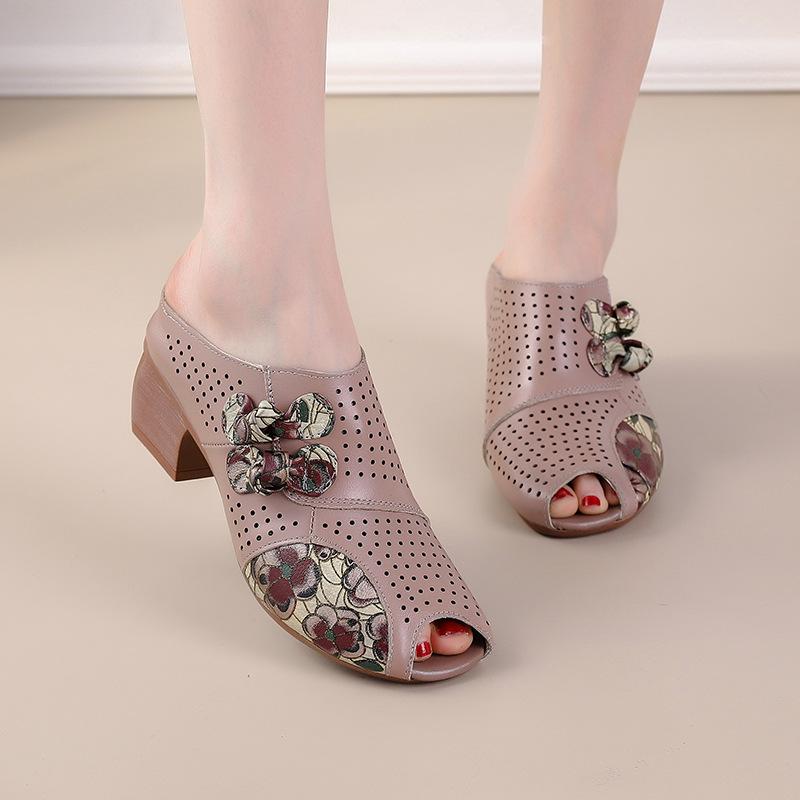 

Сандалии Johnature на среднем каблуке, женские тапочки из натуральной кожи с открытым носком и открытым носком в этническом стиле